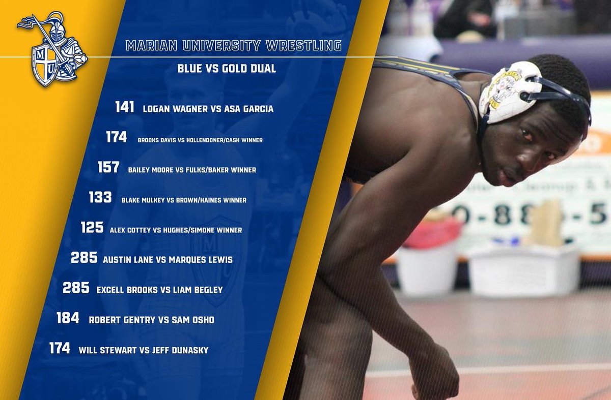 MarianWrestle's tweet photo. The Blue vs Gold dual is set! October 22nd at 2pm, Marian Wrestling will host their annual intrasquad dual! https://t.co/q4tbi2J9JD