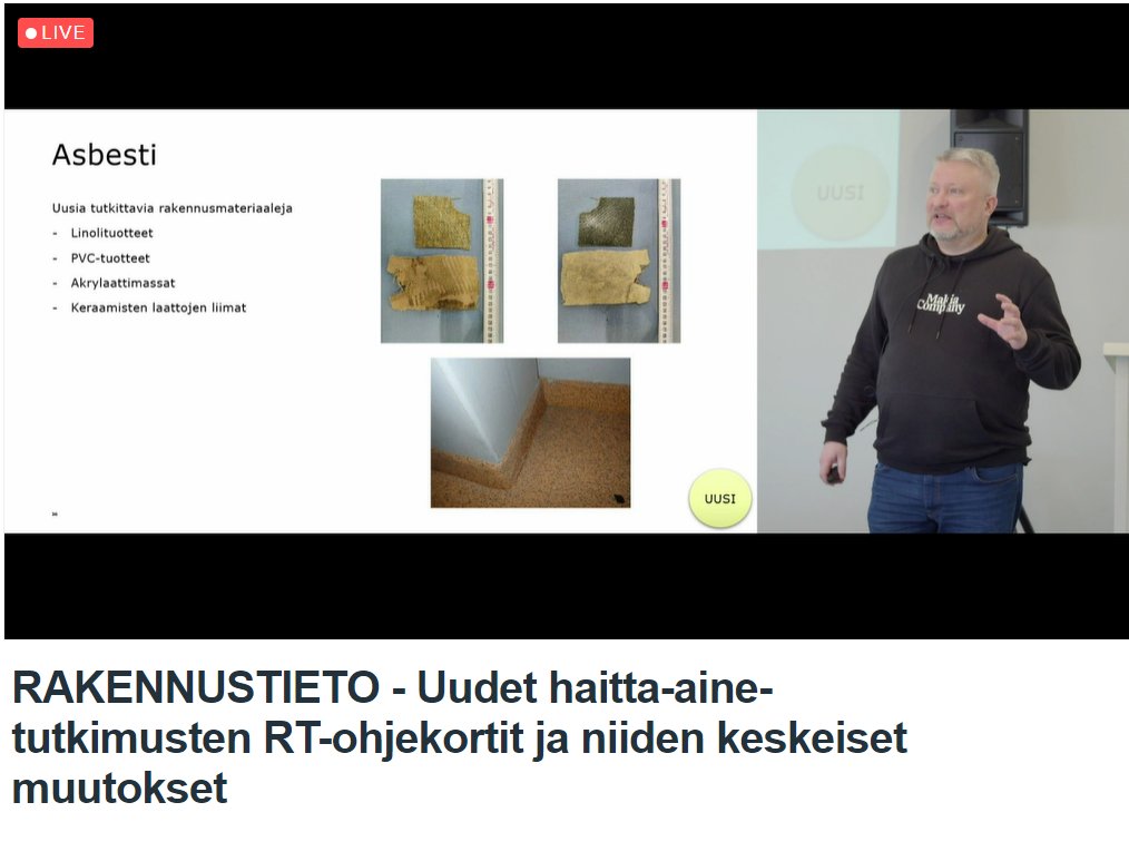 Asbestin selvittäminen ei riitä, mutta mitä muuta on selvitettävä ja miten? Jarno Komulainen @AFRYSuomi kertoi <a href="/Rakennustieto/">Rakennustieto</a> Oy:n koulutuksessa 13.10.2022 uusista haitta-aineiden RT-korteista, joista ajantasainen haitta-ainetieto löytyy.#RTkortisto bit.ly/3SZWBAx