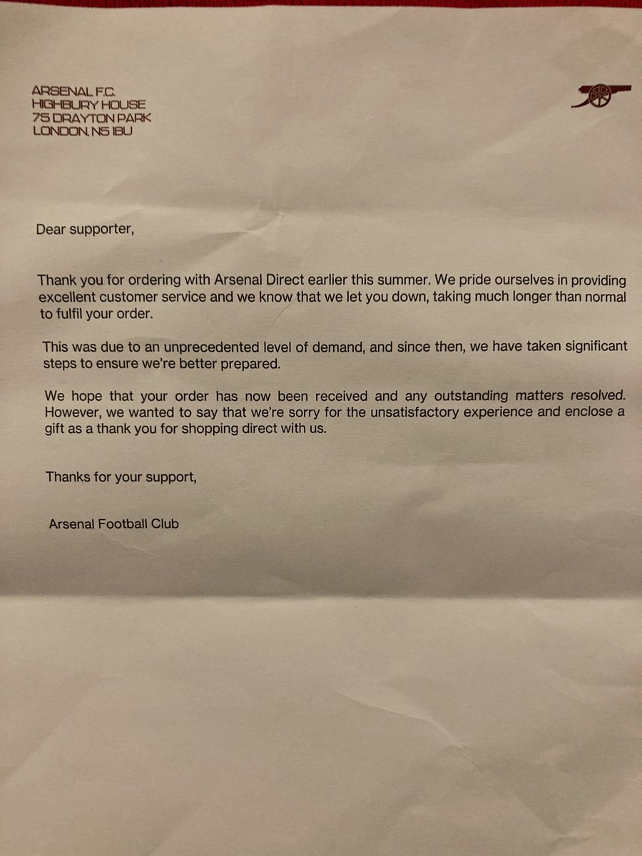 timniblock's tweet photo. Hats off to @Arsenal for its #CustomerService. I didn’t feel the need to complain for the delay and the product was well worth the wait, but they proactively decided to compensate me anyway. Now this part of Stockport and #northlondonisred https://t.co/OM0eprAfiX
