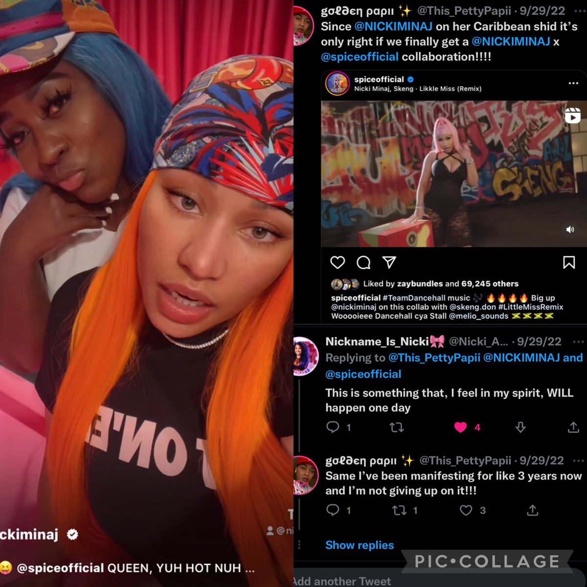 This_PettyPapii's tweet photo. The Link up I always dreamed about!! 😩😍 I really manifested this moment 💕🙏🏽I love this sooooo much @NICKIMINAJ x @spiceofficial #QueenOfRap &amp; #QueenOfDancehall #FineNine https://t.co/YHaxKQBg3t