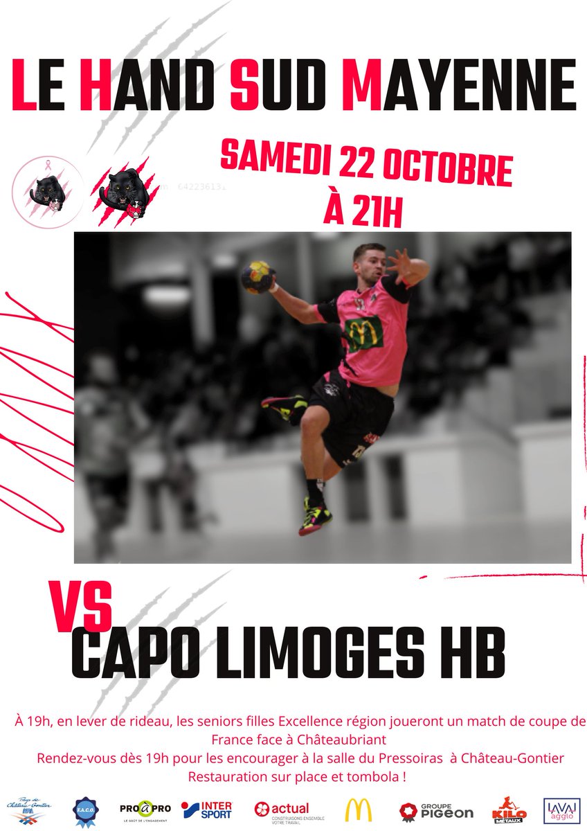 Réservez dès maintenant votre samedi 22 octobre ! 🔥

Le Hand Sud Mayenne affrontera la belle équipe de Limoges à la salle du Pressoiras à Château-Gontier. 

Dès 19h, les Seniors féminines d’excellence régionale joueront un match de coupe de France face à Châteaubriant.