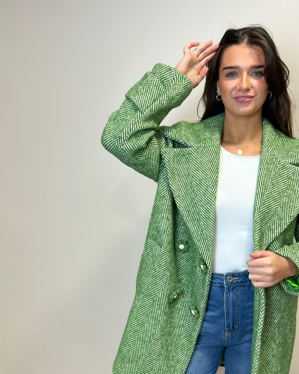 Buttercrane's tweet photo. Oversize style crombie coat in the most gorgeous shade of green as worn by our local #blogger @Molllywalker - £45. Also available in cornflower blue.  Cute flower button detail.
#coat #coatseason #green #aw22 #savida #dunnes https://t.co/hPjT6m0QrR