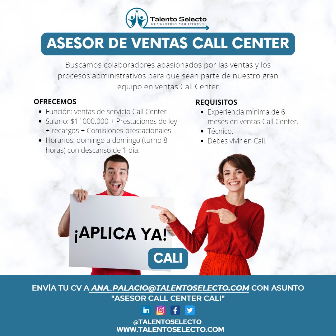 TalentoSelecto's tweet photo. 🤩¡Aplica ya! Te traemos esta gran oportunidad laboral para que te sigas desarrollando profesionalmente
#callcenter #trabajo #empleocolombia #talentoselecto #oportunidadlaboral #cali #Administrativos https://t.co/uLtAFEbYUm