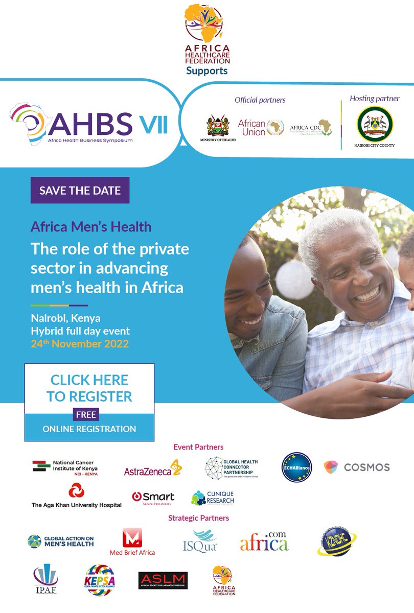 Africa Healthcare Federation (AHF) (@africahealthfed) on Twitter photo 📢ANNOUNCEMENT📢 We are delighted to partner with <a href="/AfricaHealthBiz/">Africa Health Business</a> for their upcoming #AHBS2022 event on "The Role of the Private Sector in Advancing Men's Health in Africa".
Save The Date: 24th November 2022
To register, sponsor & learn more ➡️ africahealthbusiness.com/africa-mens-he… 📢ANNOUNCEMENT📢 We are delighted to partner with <a href="/AfricaHealthBiz/">Africa Health Business</a> for their upcoming #AHBS2022 event on "The Role of the Private Sector in Advancing Men's Health in Africa".
Save The Date: 24th November 2022
To register, sponsor & learn more ➡️ africahealthbusiness.com/africa-mens-he…