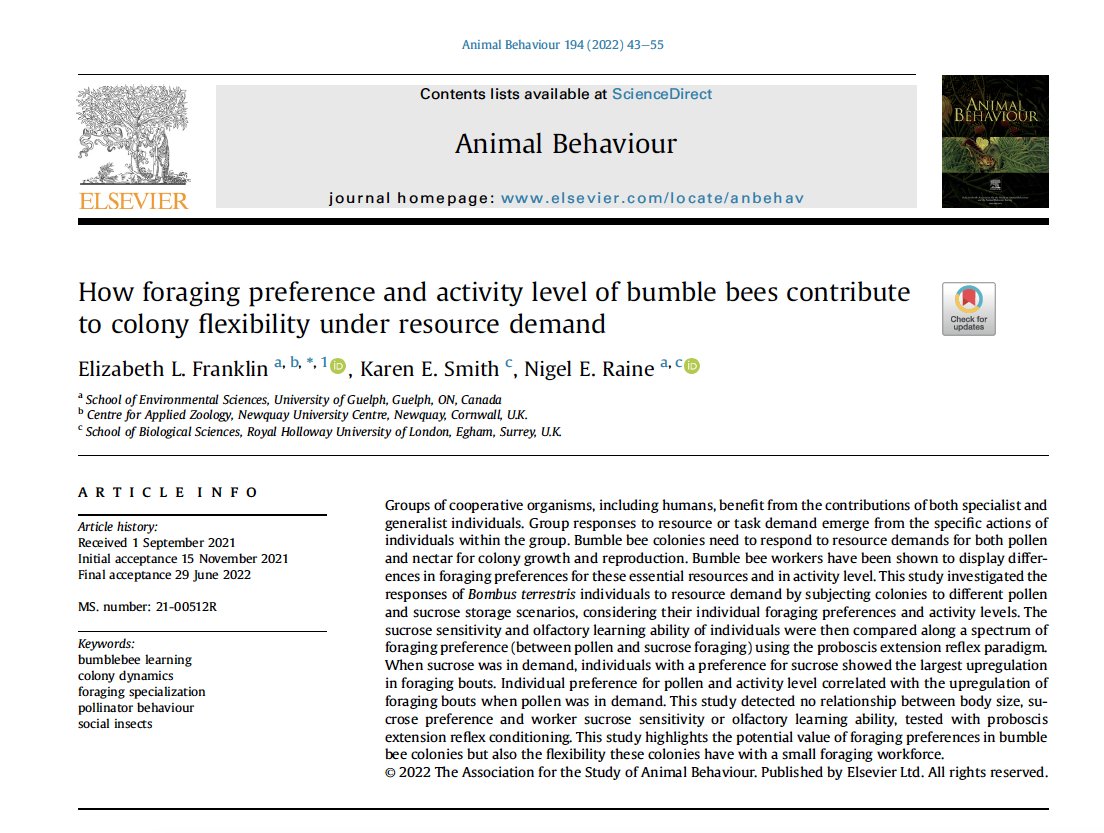 Our new paper 'How foraging preference &amp; activity level of #bumblebees contribute to colony flexibility under resource demand' is out in Animal #Behaviour: authors.elsevier.com/c/1fvVOmjL~dhN #Pollinators <a href="/DrLizFranklin1/">Dr Liz Franklin</a> <a href="/AnimBehSociety/">Animal Behavior Society</a>