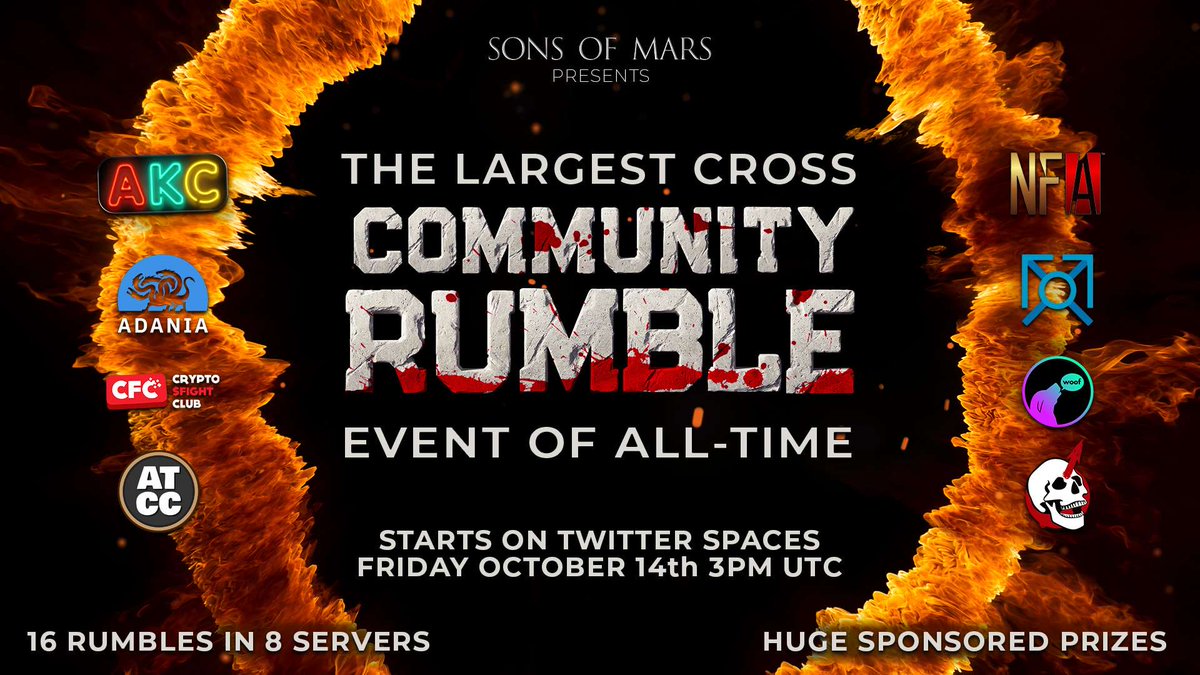 One more day, and the Games can Begin ⚔️.

Who is excited to join ❓

8 Projects 16 Rumbles 🗡️🛡️.
#RumbleGames
 <a href="/WoofSolana/">Woof</a>,<a href="/adania_io/">Adania</a>, <a href="/KDAMiningClub/">Kadena Mining Club</a> <a href="/CFCFighting/">Crypto Fight Club (CFC) 🦾</a>, <a href="/AlphaTradersNFT/">AlphaTraders</a>,<a href="/NFA_Inc/">Non-Fungible Art Inc</a>  <a href="/sonsofmarsnft/">Sons Of Mars</a>