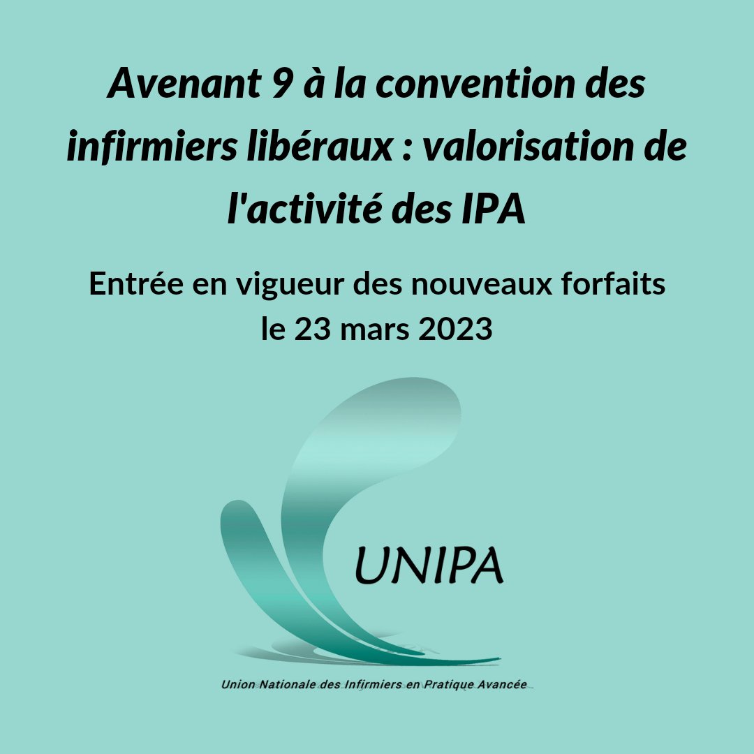 Syndicat_UNIPA's tweet photo. L'@UNIPA9 a été informé que l'avenant 9 à la convention des infirmiers libéraux relatif à la valorisation de l'activité #IPA est acté en date du 23 septembre.

À l'issue d'un délai légal de 6 mois, l'évolution des forfaits entrera en vigueur à compter du 23 mars 2023.

#IPActions https://t.co/ThB9QPfRLQ