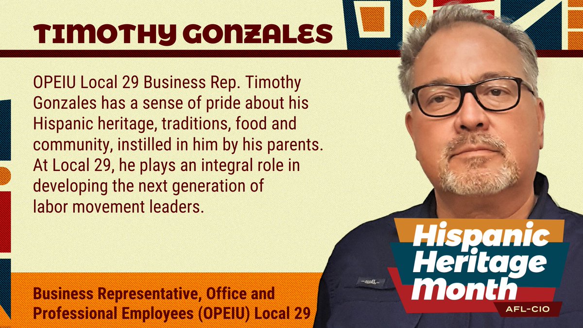 On this final day of #HispanicHeritageMonth, last but not least we're highlighting Timothy Gonzales of <a href="/OPEIU/">OPEIU | opeiu.org</a> ! 

At OPEIU Local 29, Timothy has been an integral part of developing the next generation of labor leaders. #1u