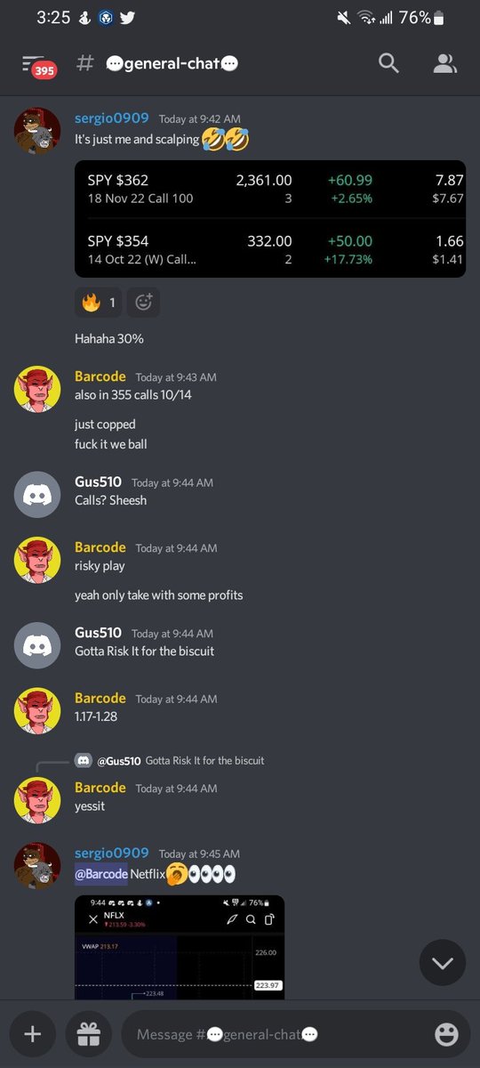 SERGIO81110's tweet photo. We calle the fucking bottom @BarcodeTrades group build different 
$354 calls from 1.41 to 13.64 
$355 from 1.17 to 12.00

Netflix call from .91 to 8.74 
Plus my swings😈 https://t.co/Voi7G7Blwe