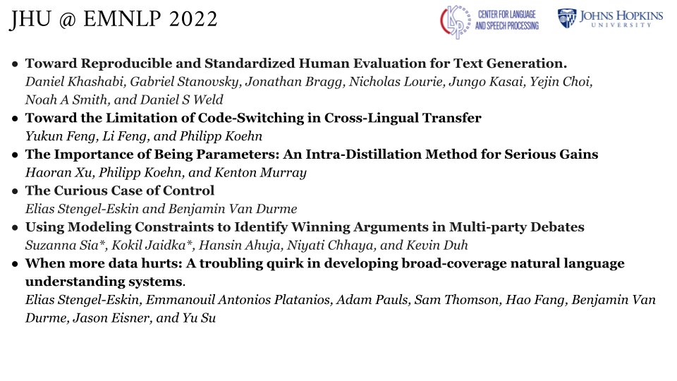 JHU CLSP (@jhuclsp) on Twitter photo Super excited to share a ton of research papers accepted to #EMNLP2022 that were done in collaboration with <a href="/JohnsHopkins/">Johns Hopkins University</a> researchers! Congratulations to the authors on this achievement!! 🥳🥳🥳
Details to follow soon. Super excited to share a ton of research papers accepted to #EMNLP2022 that were done in collaboration with <a href="/JohnsHopkins/">Johns Hopkins University</a> researchers! Congratulations to the authors on this achievement!! 🥳🥳🥳
Details to follow soon.