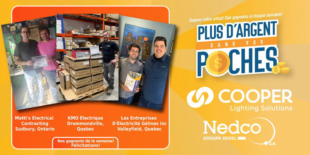 Nedco_Canada's tweet image. Way to go! We have our second set of winners for our Money in Your Pocket Promo sponsored by @lighting_cooper who won a $300 credit to their Nedco account.
You too could be a winner! Find out how here: pages.nedco.ca/cooper-promoti…

#nedco #cooperlightingsolutions #miyp