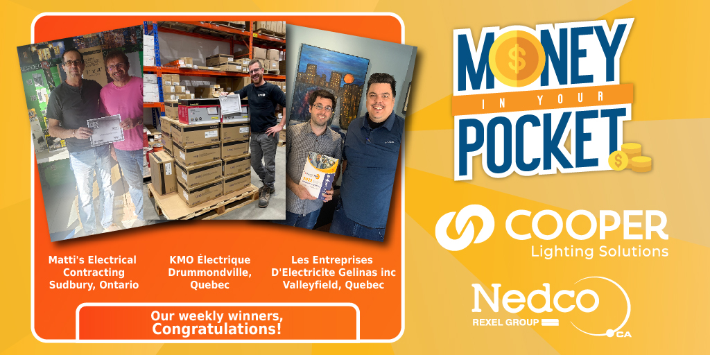 Nedco_Canada's tweet image. Way to go! We have our second set of winners for our Money in Your Pocket Promo sponsored by @lighting_cooper who won a $300 credit to their Nedco account.
You too could be a winner! Find out how here: pages.nedco.ca/cooper-promoti…

#nedco #cooperlightingsolutions #miyp