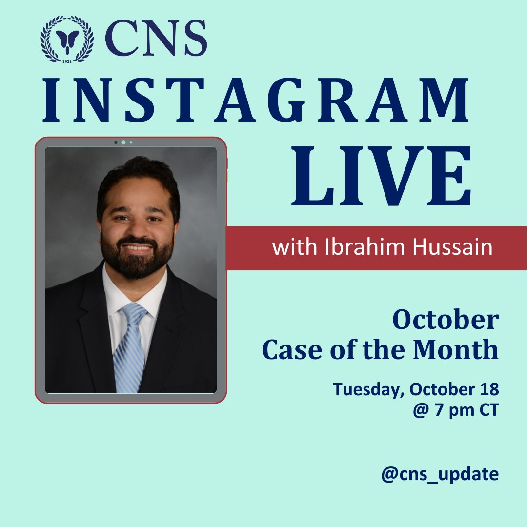 Don't miss the live October Case of the Month discussion with Ibrahim Hussain, moderated by @Seth_Oliveria at 7 pm CST, Oct. 18 over on our Instagram! Ask questions and learn more about the treatment for Minimally Invasive Spinal Deformity: cns.org/cotm