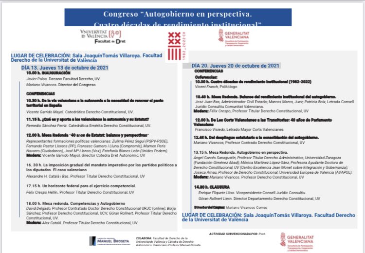 VivancosMariano's tweet photo. Hui ha començat el Congrés “Autogovern en perspectiva. 40 anys de Rendiment Autonòmic” organitzat per la Càtedra de Dret Autonòmic de la Fundació @ProfBroseta i @DretUV amb el suport de la @GVAparticipacio #FentComunitat #40AnysEstatut #Autogovern @VivancosMariano @VteGarrido https://t.co/at8QnSWEwO