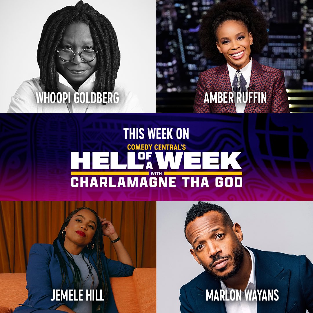 We have a legendary show ahead! @jemelehill, #AmberRuffin, @marlonwayans are holding down the panel + a sit-down with the incomparable @whoopigoldberg is going down TONIGHT on #HellofAWeek 🔥