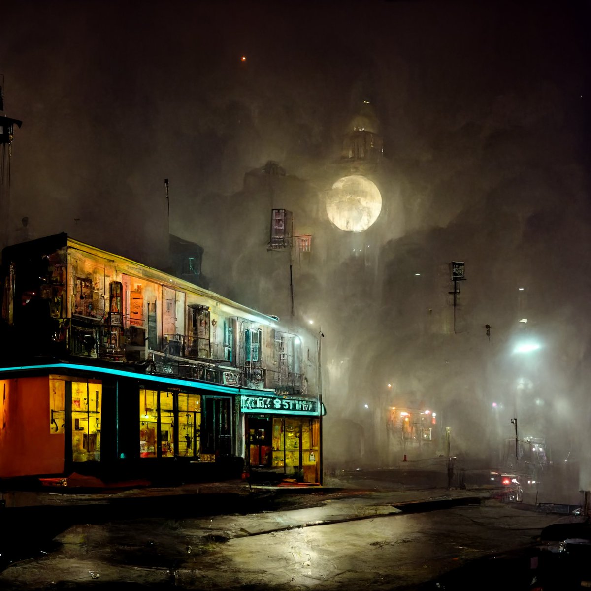 PhaedraWeldon's tweet photo. I love using Midjourney for characters and scenes...until sometimes I get this huge full moon monster cyborg...something...thingie... in the background.  RIP Imaginary New Orleans. They's a thingie com'n. https://t.co/hcsPWDKxYF