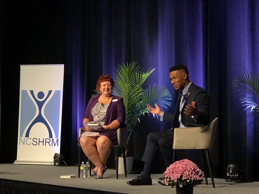 Paula4Harvey's tweet photo. It was such an honor to have a "fireside chat" with @JohnnyCTaylorJr at the #NCSHRM conference @SHRM Loved all of his pearls of wisdom. #HRCommunity https://t.co/KLBJFrFOXT