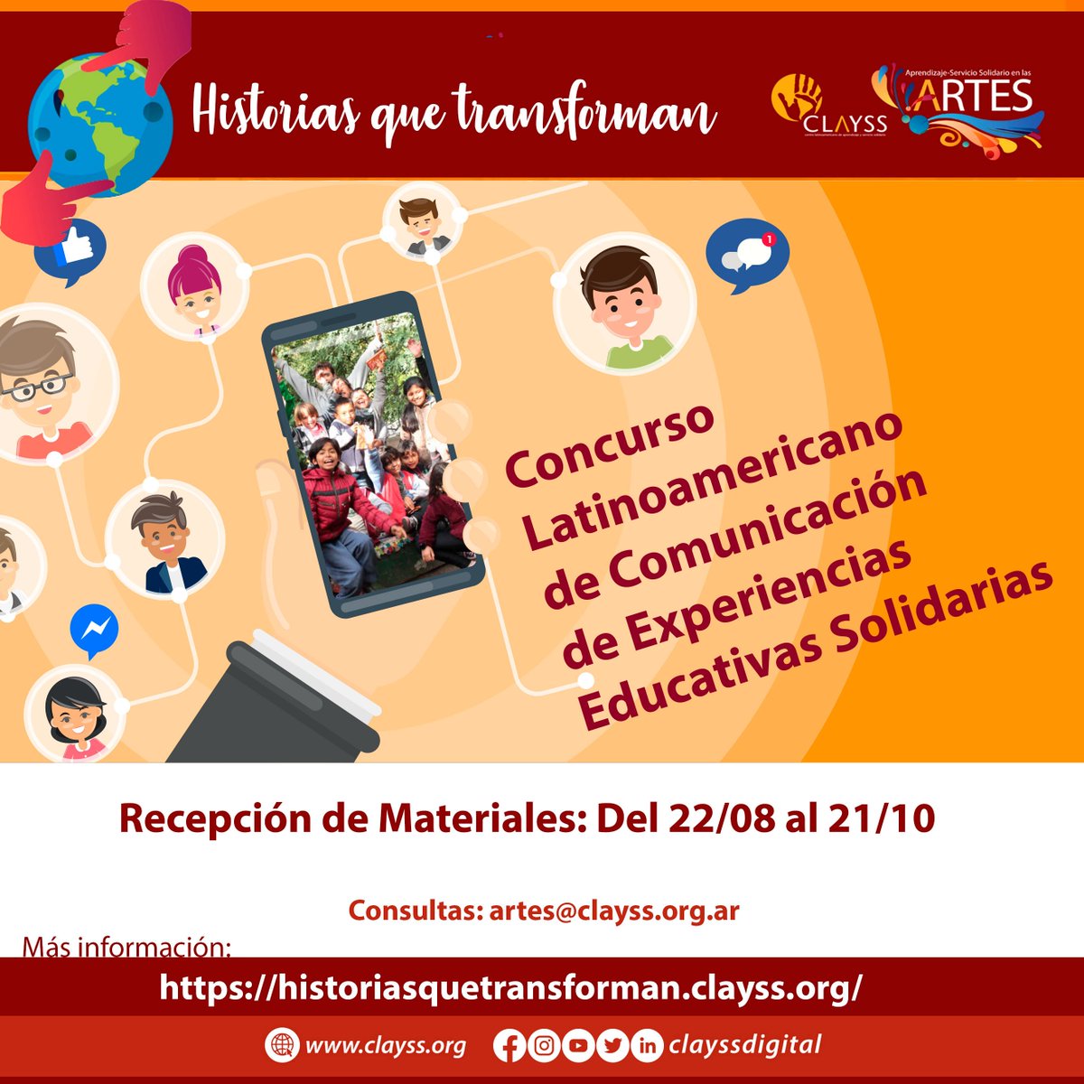 #ExperienciasSolidarias

Nuestras amistades de <a href="/Clayssdigital/">CLAYSS</a> nos invitan a participar del Concurso Latinoamericano de Comunicación en Experiencias Educativas Solidarias.

Toda la info del concurso en este link
historiasquetransforman.clayss.org
Plazo para postular: 21/10/2022

#solidaridad