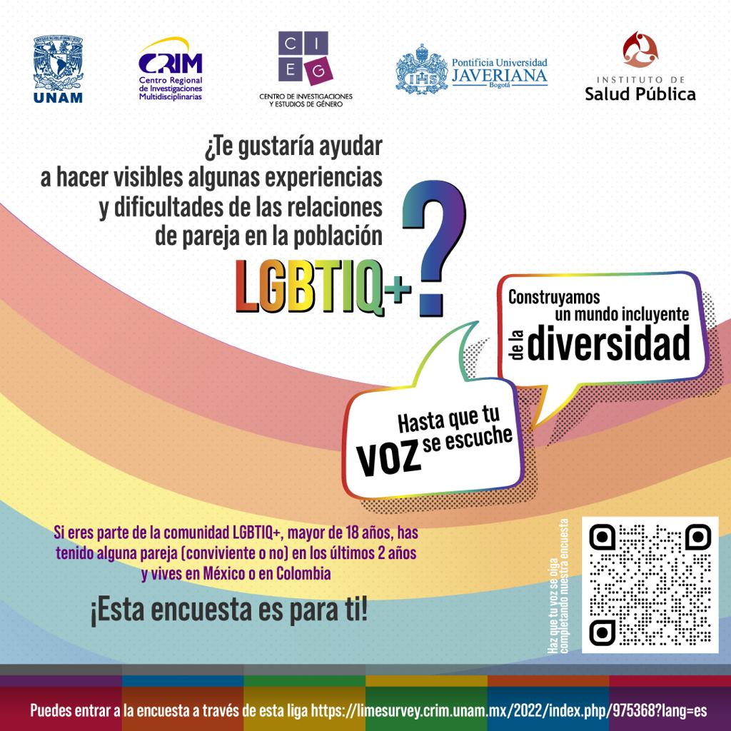 CIEGUNAM's tweet photo. 🗣 Necesitamos escuchar tu voz, ¿nos apoyas?

🌈Si eres parte de la comunidad LGBTIQ+, eres mayor de 18 años, has tenido alguna pareja en los últimos dos años y vives en México o en Colombia, ¡puedes responder esta encuesta!

🧐 Encuesta https://t.co/aEk7Fu39ZN

❤️ Gracias. https://t.co/7MbsTX0J5z
