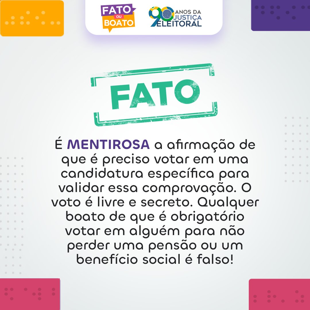 É mentira que você deve votar em determinado candidato à Presidência para validar sua prova de vida junto ao INSS. Essa mensagem enganosa foi compartilhada em aplicativos de mensagens e vem causando muita confusão. Não caia em fake news: bit.ly/Boato_ProvaDeV… ⚠