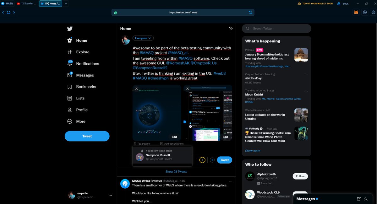 mrpelle86's tweet photo. Awesome to be part of the beta testing community with the #MASQ project @MASQ_ai.
I am tweeting from within #MASQ software. Check out the awesome GUI. @KoroeshAK @CryptosR_Us @SampsonRussell2
Btw. Twitter is thinking i am exiting in the US. #web3 #MASQ #dmeshvpn is working great https://t.co/fC5qYYT9WX