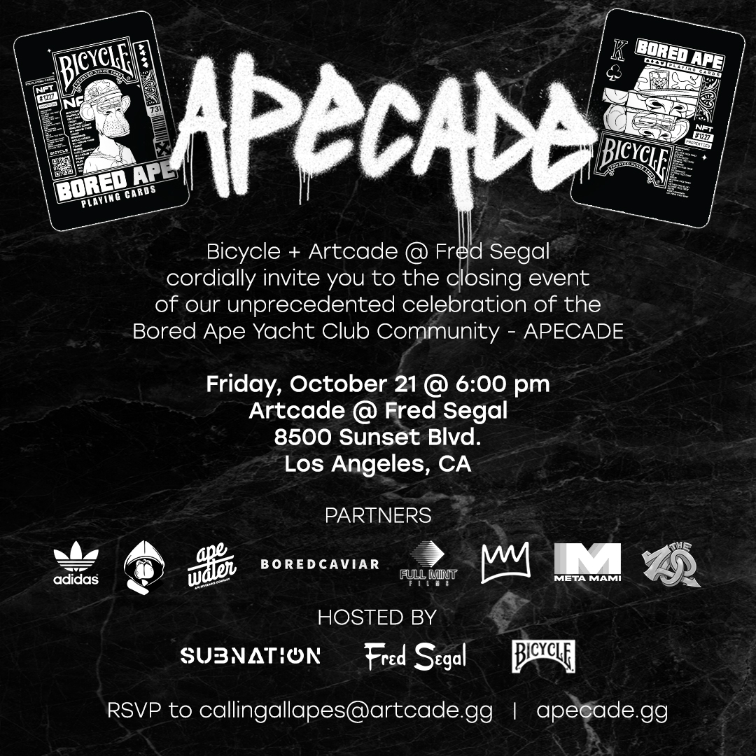artcade_gg's tweet photo. Calling all apes!!! Thank you for being so supportive during #Apecade. We're still going strong, and want to invite you to our closing party! Join us in Artcade at @Fred_Segal Friday, October 21, at 6pm PST! Our co-host @bicyclecards, has some exciting things to share! https://t.co/9y29snfoWB