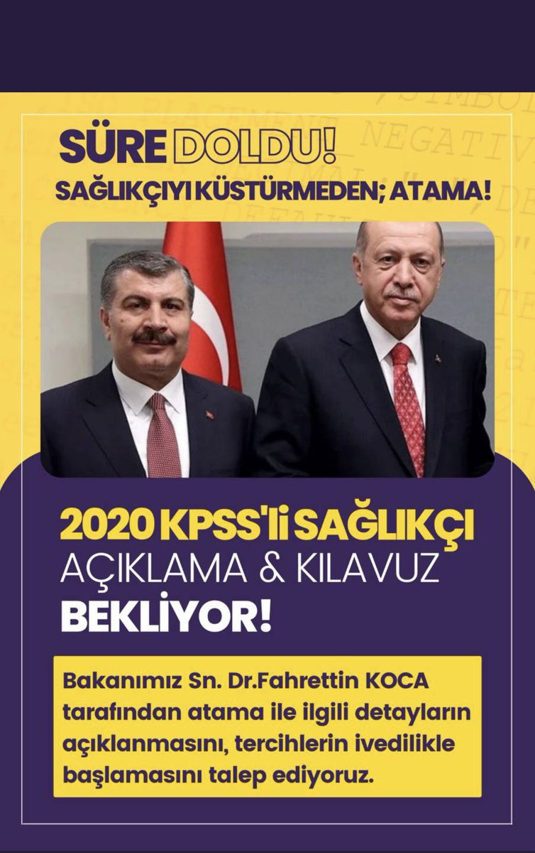 Her atama döneminde 4 atama yapılırken 2020 sınav puanıyla sadece 2 atama yapıldı 80-86 puanlarla ortada kaldık, 2022 yılı bitmeden 2020 KPSS ile hakkımız olan atamayı istiyoruz .
<a href="/drfahrettinkoca/">Dr. Fahrettin Koca</a>
FKSüreBitti AtamaVakti