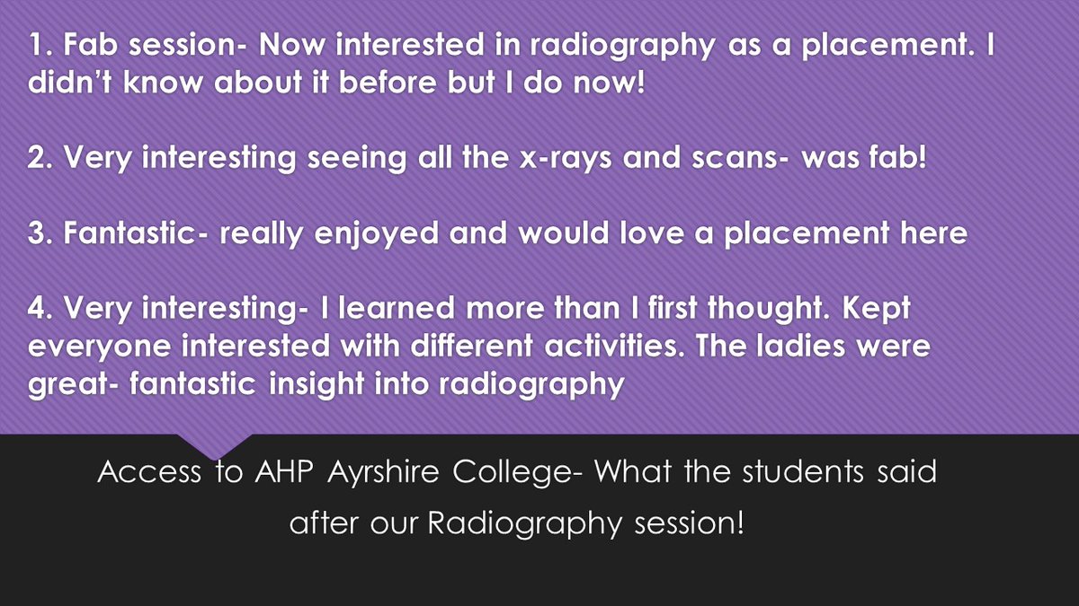 GrierAHP's tweet photo. Wow what fab feedback for #AccessToAHP week 2 @AyrshireColl !Thank you to our amazing radiographers Lesley & Stephanie from UHA for creating a great session. Looks like you have a lot of interest for students to work in this area #FutureWorkforce @NHSaaa @sahscp @EmmastirlingAHP https://t.co/iJ9MZ5HHtJ