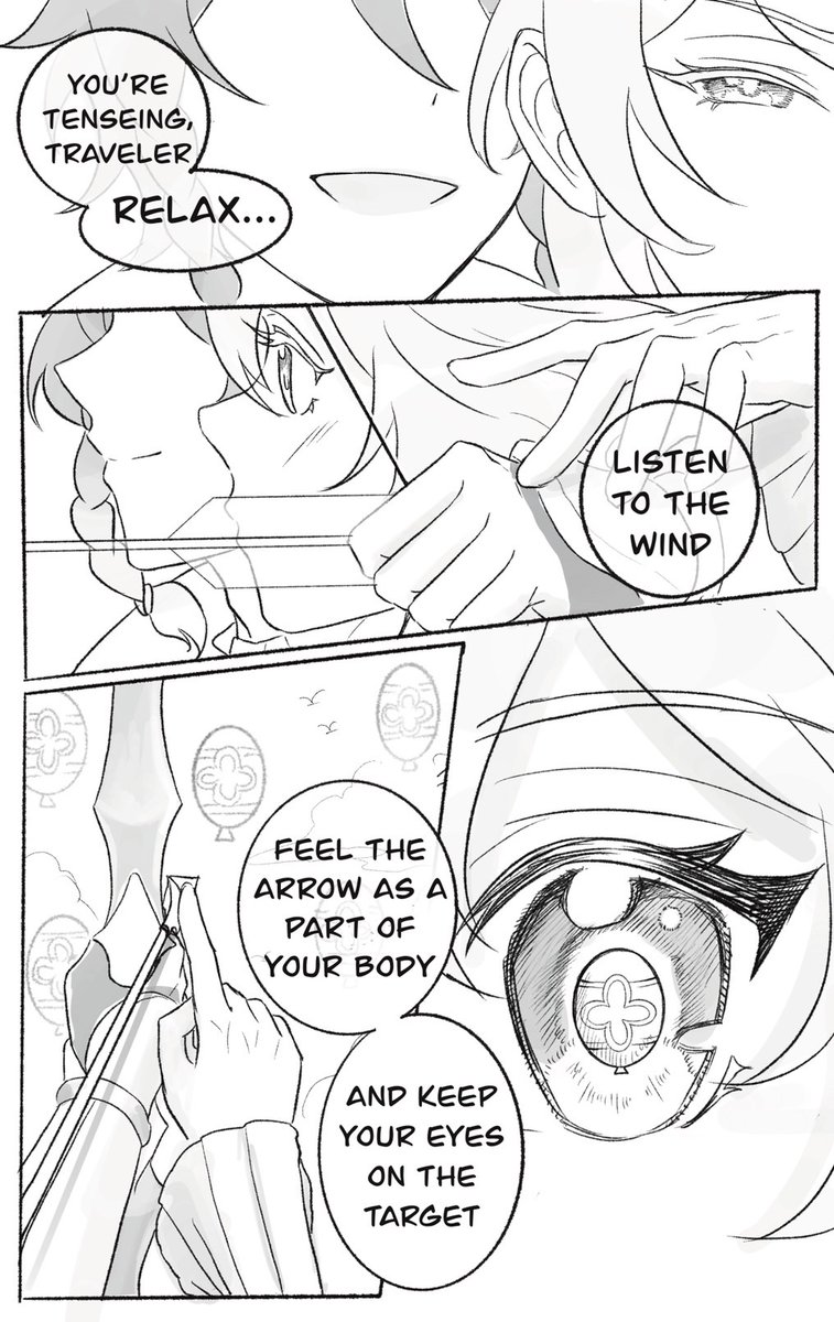 _mylazysister's tweet photo. Archery(1/2)✨️🍃
(มีver.แปลไทยในคอมเม้น)

I hc this event that Vt taught Lm archery is before they are a lover. So unlike my other comic, this time Venti call her traveler 😊
#GenshinImpact #原神
#venti #LUMINE #venlumi #ウェン蛍 #เวนลูมิ #ウェンディ https://t.co/Y7yvxYga5r