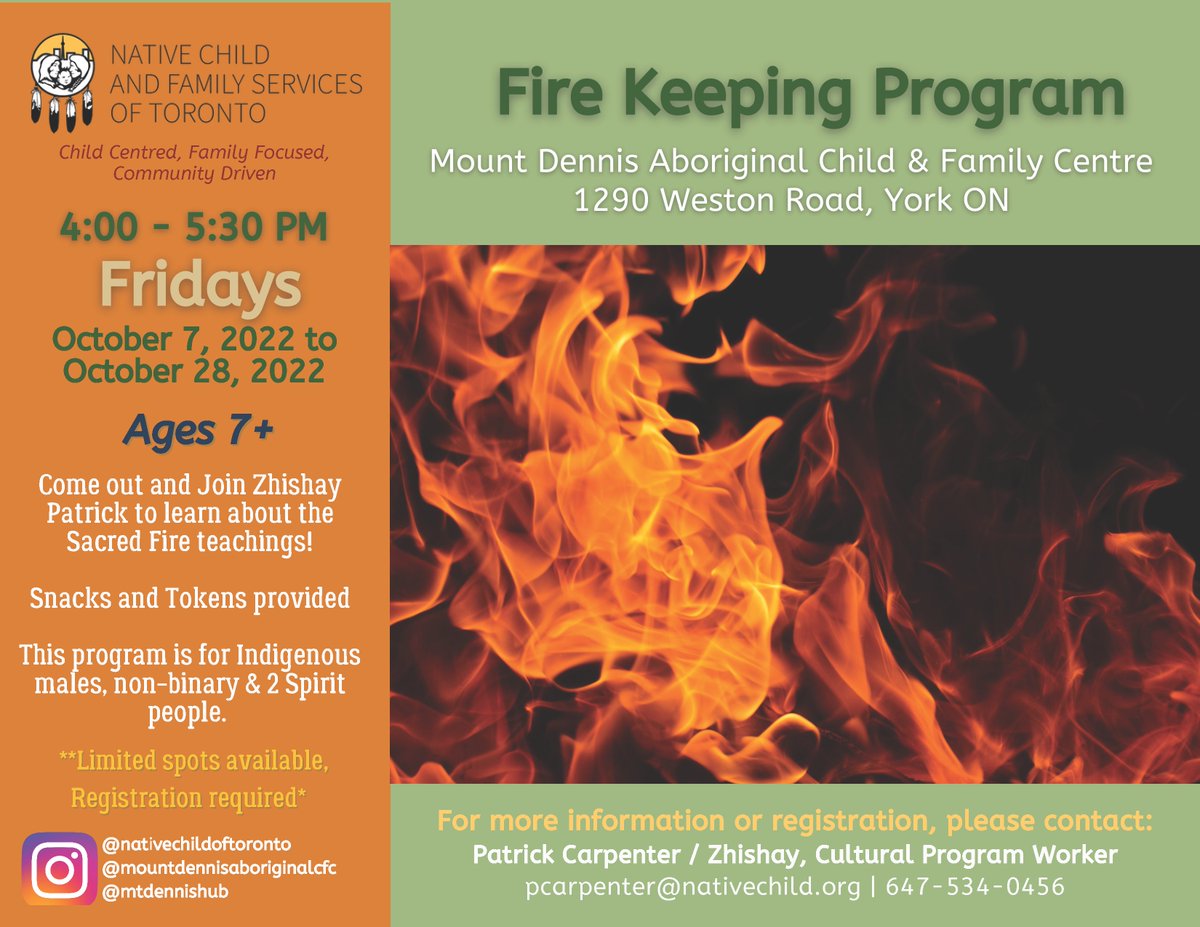 NCFST's tweet photo. Starting every Friday until October 28th, the Fire Keeping Program at Mount Dennis is a fantastic way to learn about the Sacred Fire teachings. 

Limited spots are available, registration is required. Please contact Patrick Carpenter to register at pcarpenter@nativechild.org https://t.co/yDA2qU5pIT