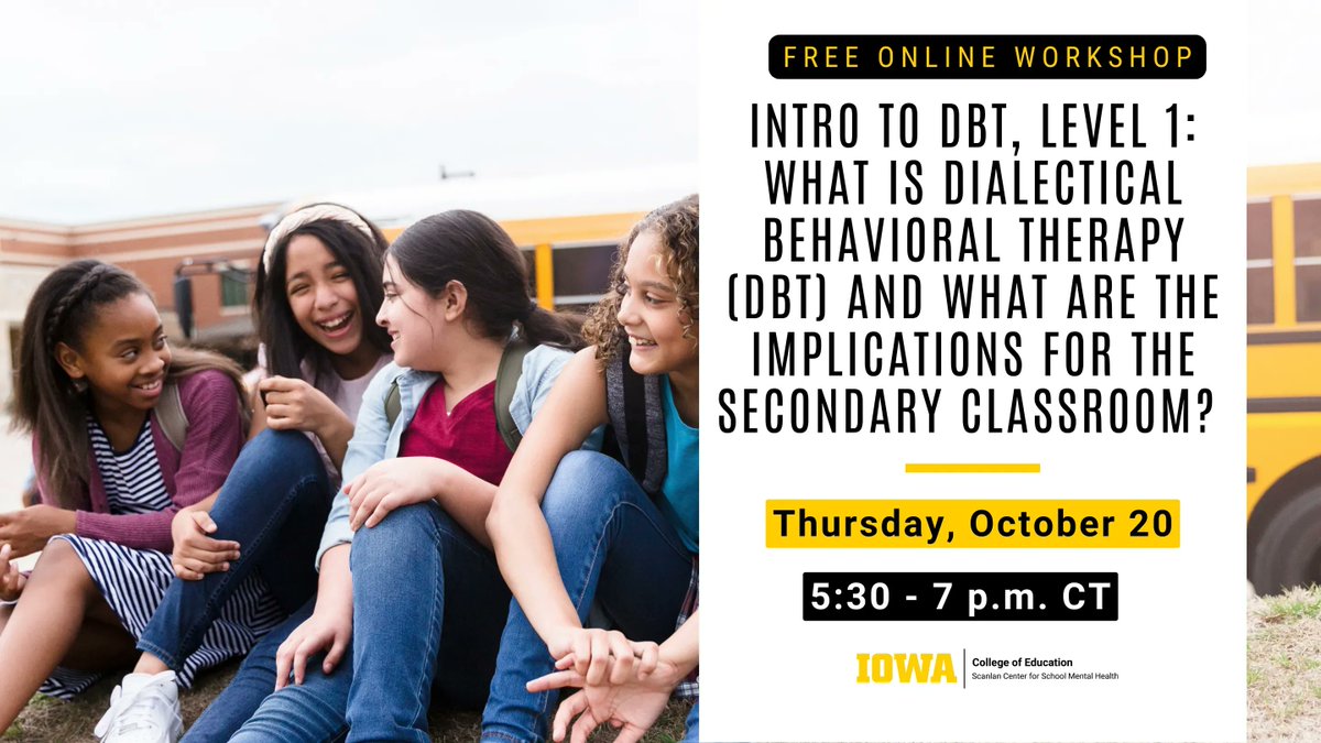 Scanlan Center for School Mental Health (@iowa_scsmh) on Twitter photo ๐๐ฒ๐ฎ๐ฟ๐ป ๐ฎ๐ฏ๐ผ๐๐ ๐ฑ๐ถ๐ฎ๐น๐ฒ๐ฐ๐๐ถ๐ฐ๐ฎ๐น ๐ฏ๐ฒ๐ต๐ฎ๐๐ถ๐ผ๐ฟ๐ฎ๐น ๐๐ต๐ฒ๐ฟ๐ฎ๐ฝ๐ (๐๐๐ง)!
This online workshop will provide an introduction to DBT, examining its uses and integration into the 7โ12th grade classroom ๐
๐ฅ๏ธ 10/20 | 5:30-7 p.m.
โก๏ธ buff.ly/3Ms875v ๐๐ฒ๐ฎ๐ฟ๐ป ๐ฎ๐ฏ๐ผ๐๐ ๐ฑ๐ถ๐ฎ๐น๐ฒ๐ฐ๐๐ถ๐ฐ๐ฎ๐น ๐ฏ๐ฒ๐ต๐ฎ๐๐ถ๐ผ๐ฟ๐ฎ๐น ๐๐ต๐ฒ๐ฟ๐ฎ๐ฝ๐ (๐๐๐ง)!
This online workshop will provide an introduction to DBT, examining its uses and integration into the 7โ12th grade classroom ๐
๐ฅ๏ธ 10/20 | 5:30-7 p.m.
โก๏ธ buff.ly/3Ms875v
