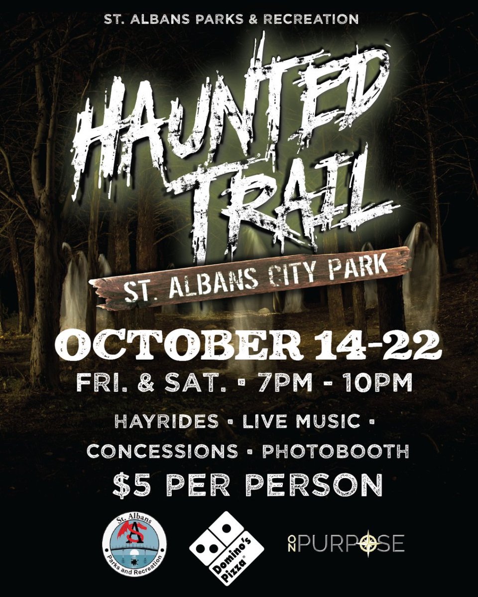 The St. Albans Haunted Trail at St. Albans City Park.
October 14-22 (Fri. &amp; Sat. Nights)  7:00PM - 10:00PM.
FREE Parking &amp; Hayrides
$5 ENTRY
LIVE MUSIC
CONCESSIONS
 👇More Info
my.mtr.cool/escikwpczl

#localnews #localevents #HalloweenFun