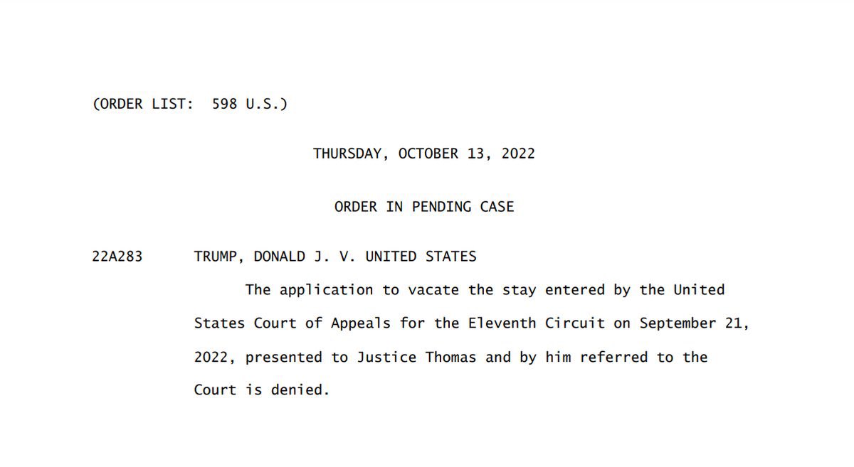 Trump’s attempt to stall the DoJ by reversing the stay that allows the DoJ to keep the 100 secret documents has been turned down by Thomas. Trumps biased supreme court aren’t helping him …