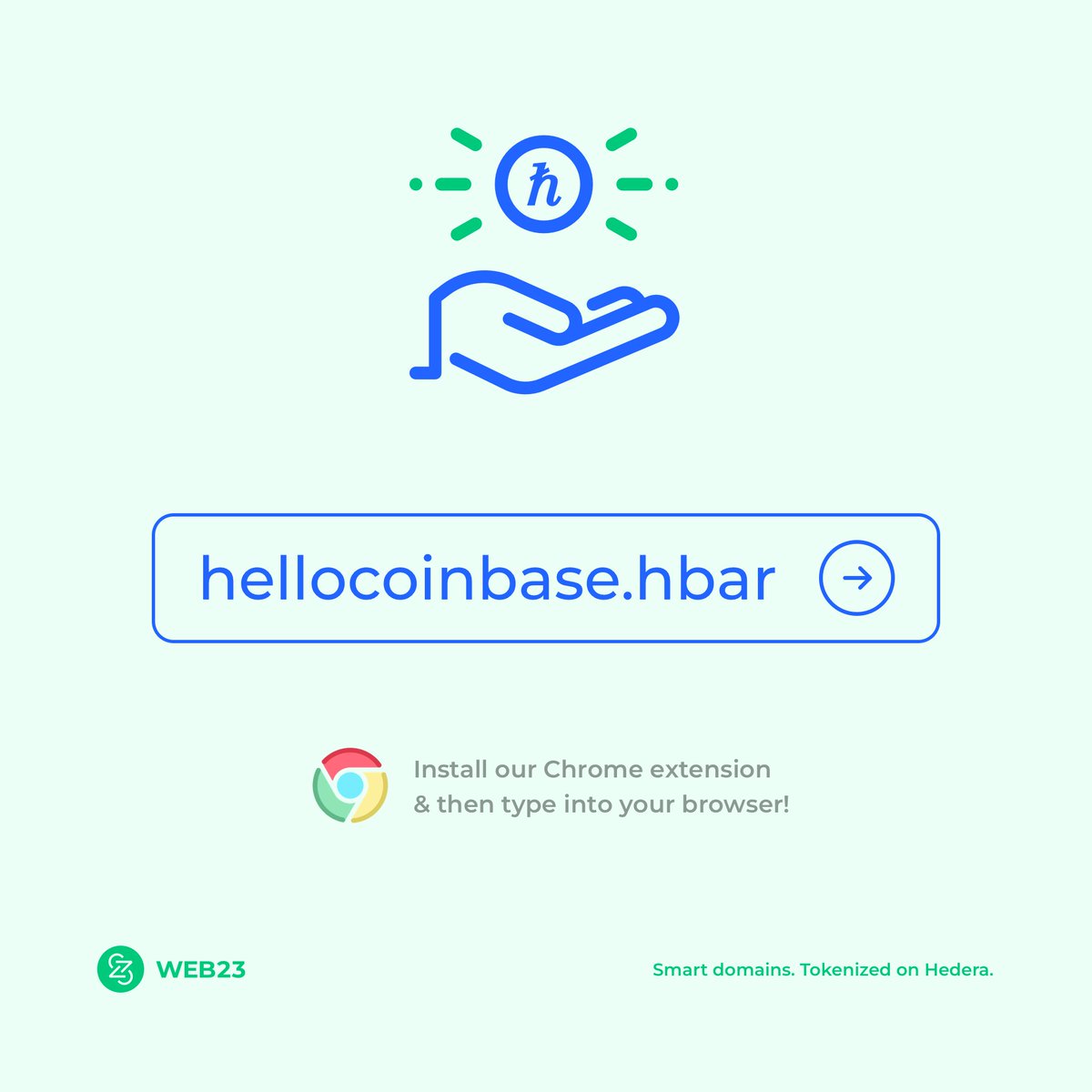 web23io's tweet photo. Hello @coinbase ๐
To celebrate a big day for the @hedera community, we've hooked up a .hbar #SmartDomain to the #HBAR page on the Coinbase website... a handy shortcut! โจ
Anyone can install our Chrome extension at https://t.co/wwFy0lPk0e and take it for a spin! #HelloCoinbase https://t.co/fj7fS8EVhk