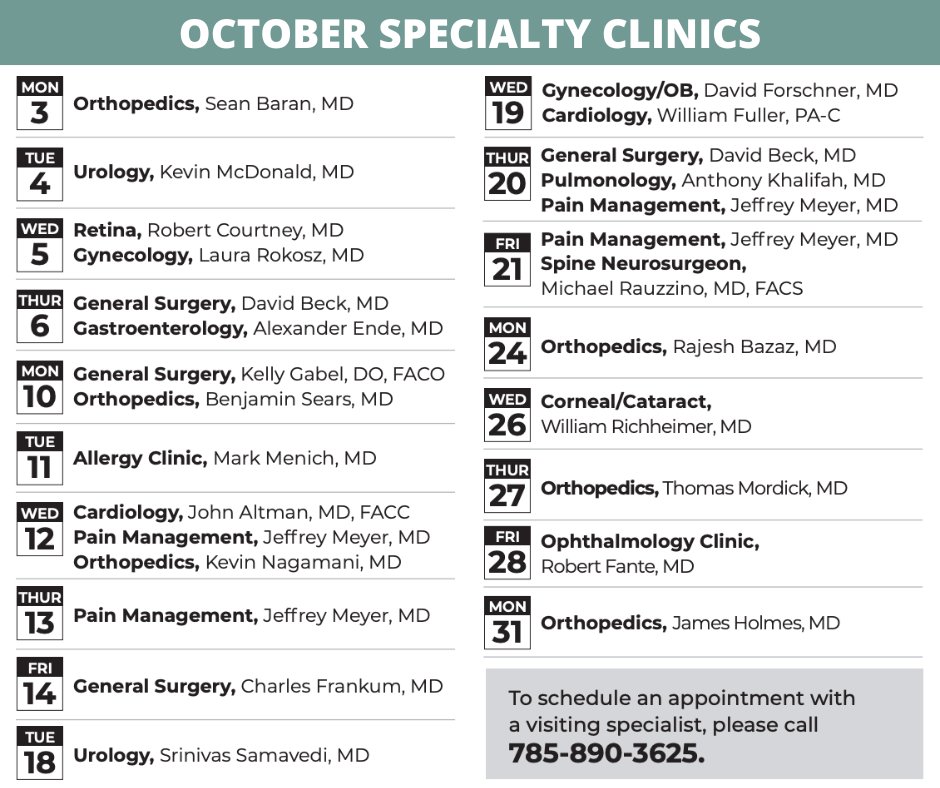 There are still more specialty clinics coming up this month if you need to meet with one of our visiting specialists! 😊 

Call 785-890-3625 to schedule an appointment today!