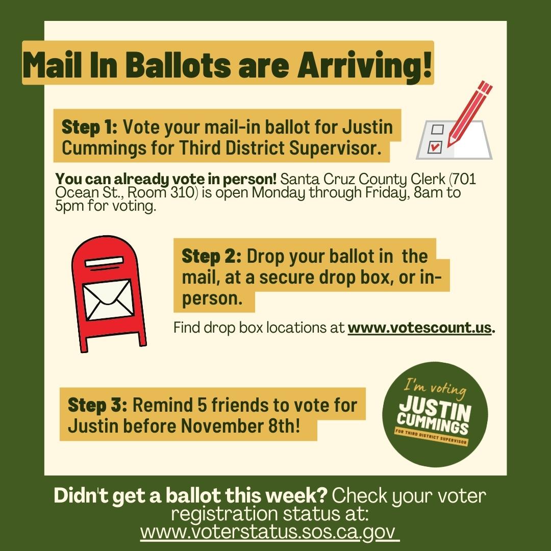 Elect_Cummings's tweet photo. Mail-in ballots are arriving this week! Check your registration at https://t.co/Q1rF64Xl5c and find Santa Cruz county drop boxes at https://t.co/GskJsdLRSx! https://t.co/2nHPlg3UFw