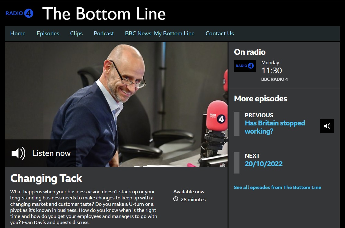 BBC R4 delivered again with another excellent episode of The Bottom Line.

This week's topic: Changing Tack (or pivoting organisations).

Contributors are consistently insightful.

Listen here: bbc.in/3rUkcqu

#TheBottomLine <a href="/bbcnickholland/">N Holland</a> <a href="/EvanHD/">Evan Davis</a> <a href="/kittenheel1/">Julie Ball</a> <a href="/tarajmc/">Tara McDermott</a>