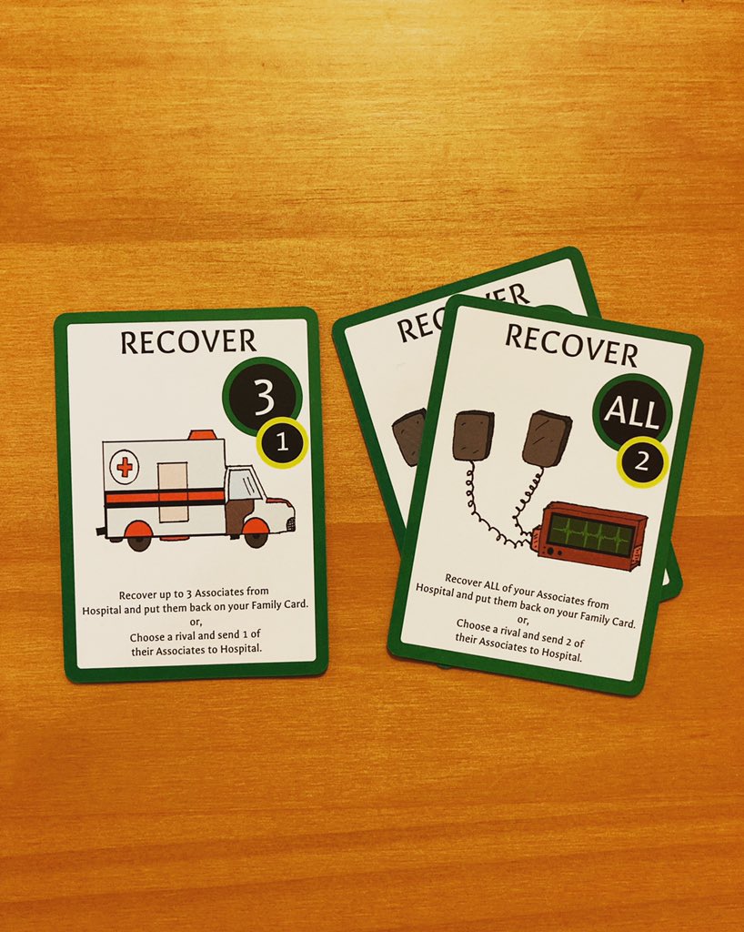 Draw one of these Recover Cards and you can get your Associates out of Hospital and back onto your Family Card, or, use the card to put a rival Associate into the Hospital.
The choice is yours!

#cardgames #boardgames #ttrpg #mafia #kickstarter