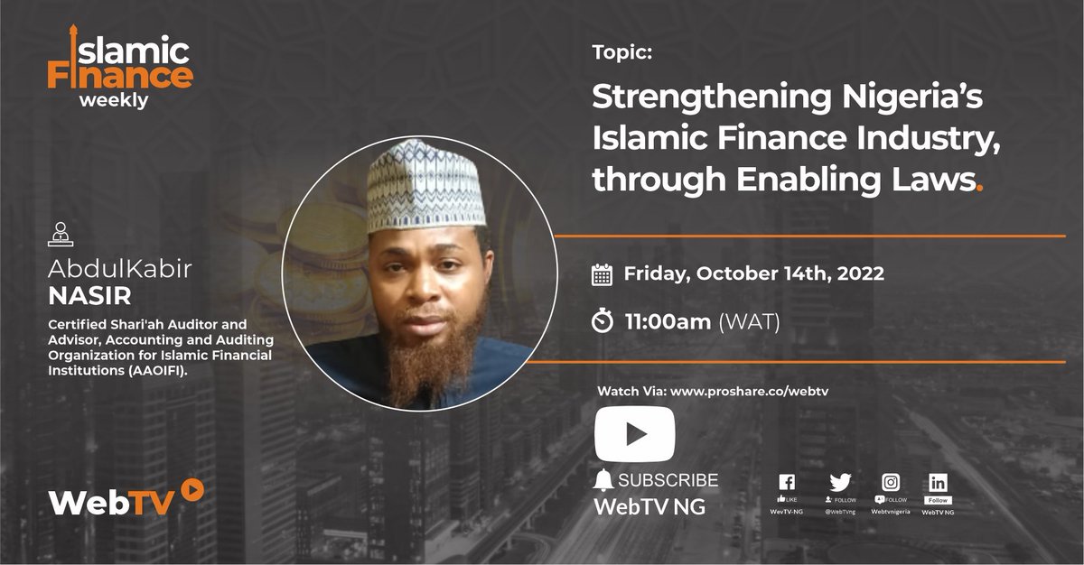 Watch another episode of the #Islamicfinanceweekly tomorrow as I discuss the topic 'Strengthening Nigeria's Islamic Financial Industry through Enabling Laws' with AbdulKabir Nasir, Shariah Auditor, and Advisor, from the @AAOIFI_ORG
#Islamicfinance #noninterestfinance #Nigeria