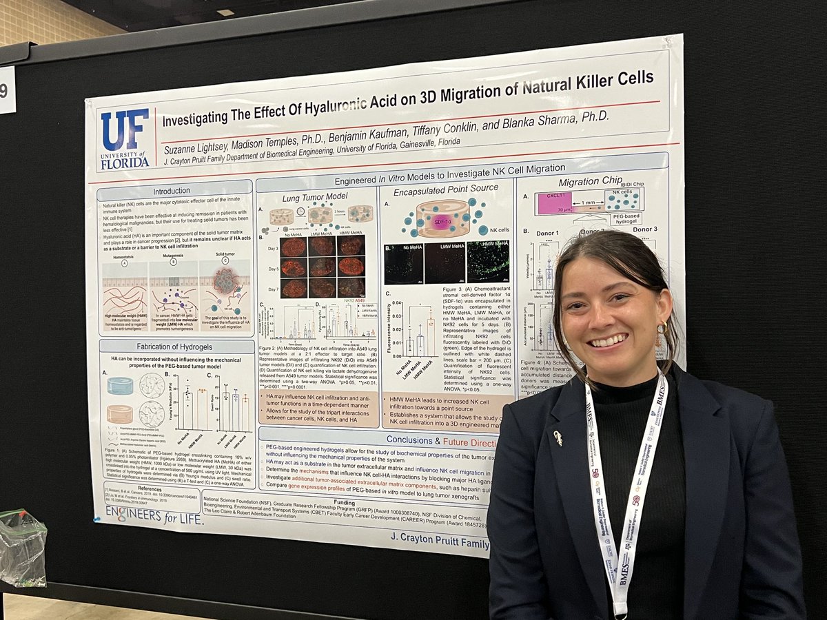 Suzanne Lightsey presenting her research on investigating the effect of hyaluronic acid on 3D migration and function of natural killer cells. ⁦<a href="/BlankaSharma/">Blanka Sharma</a>⁩ ⁦<a href="/suzannelightsey/">Suzanne Lightsey</a>⁩ #BMES2022