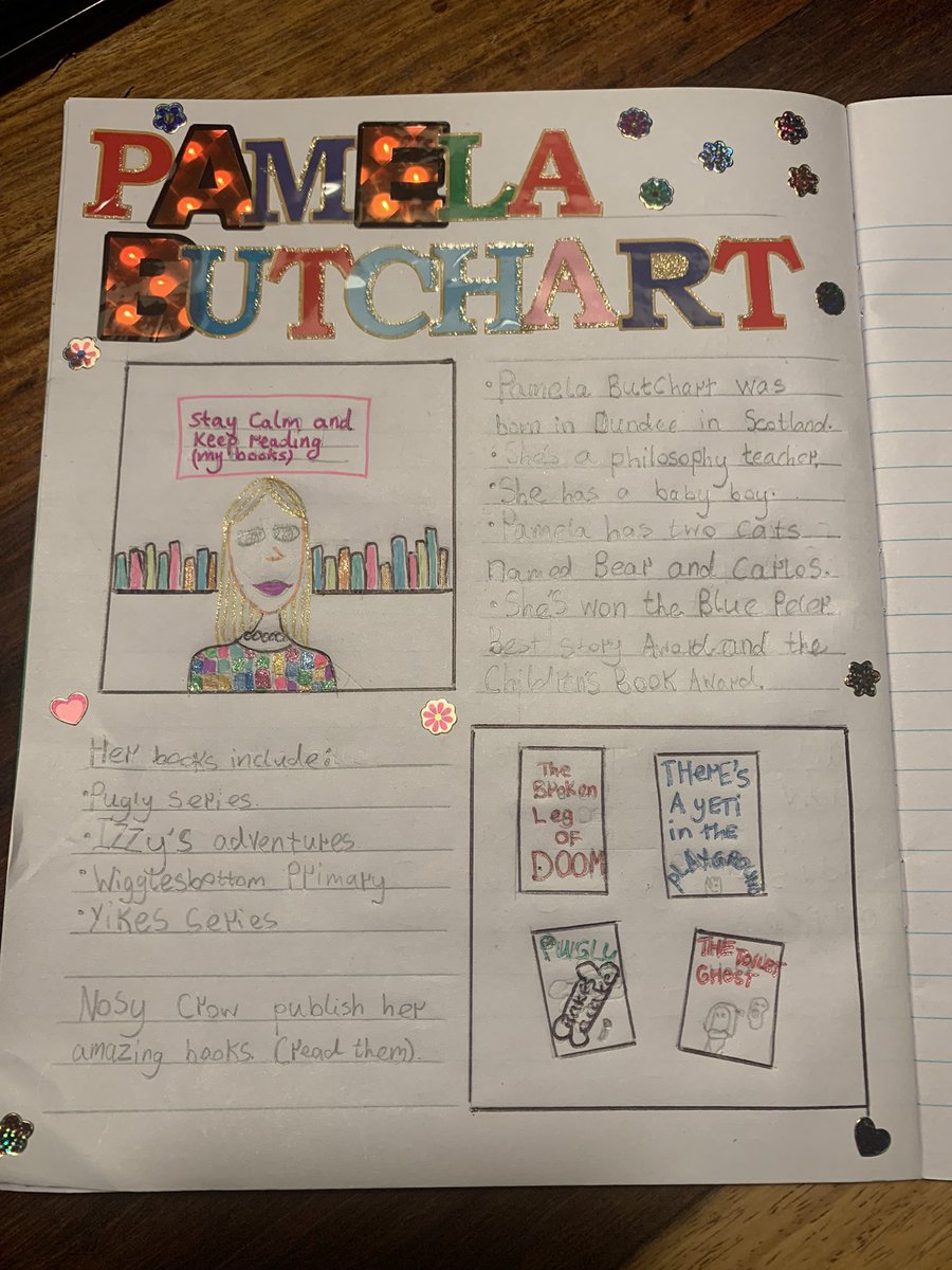 ro5ward's tweet photo. The obvious choice for Emily when choosing a favourite author for homework task! @Pamela_Butchart @GlencairnpsN https://t.co/NDRNNvwzyM