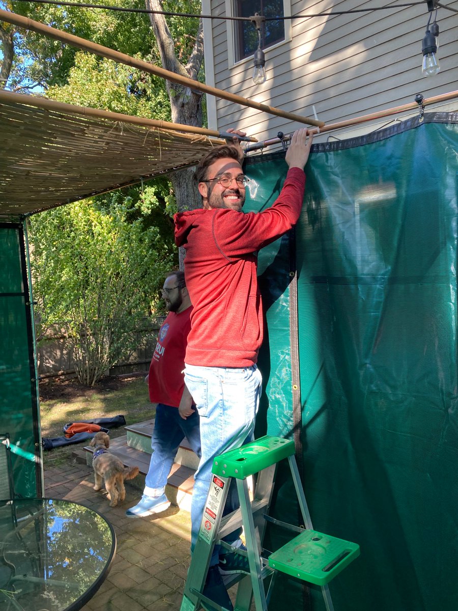 MillerCenterHC's tweet image. An afternoon of interfaith sukkah-building: Kyle Desrosiers, a Master of Divinity student at @bcstm and a Miller Center staff member, joined Hebrew College rabbinical student Rafi Ellenson at Rabbi Or Rose's house to build the sukkah for the Jewish harvest festival.