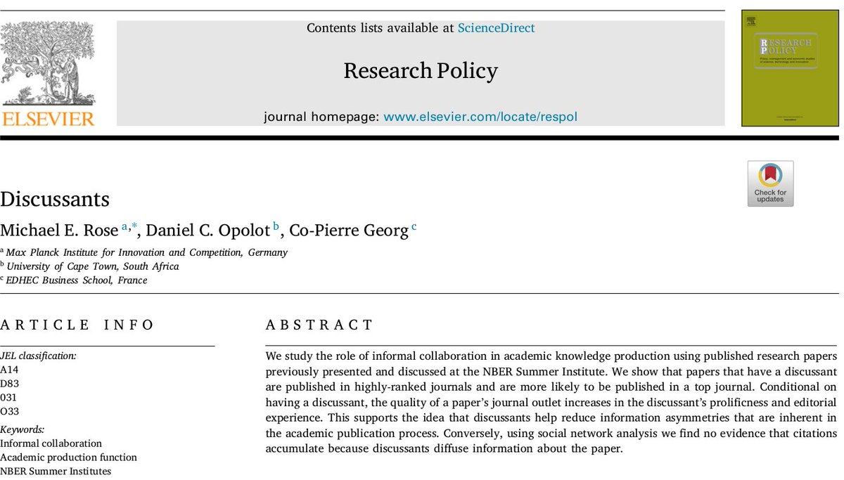 Michael_E_Rose's tweet photo. Dear #EconTwitter, would you like to have a #discussant at the @nberpubs summer institutes or not?
Our new study in #ResearchPolicy suggest a Yes:
"papers that have a discussant are published in highly-ranked journals and are more likely to be published in a top journal."
1/9 https://t.co/uEnCZQNoqq
