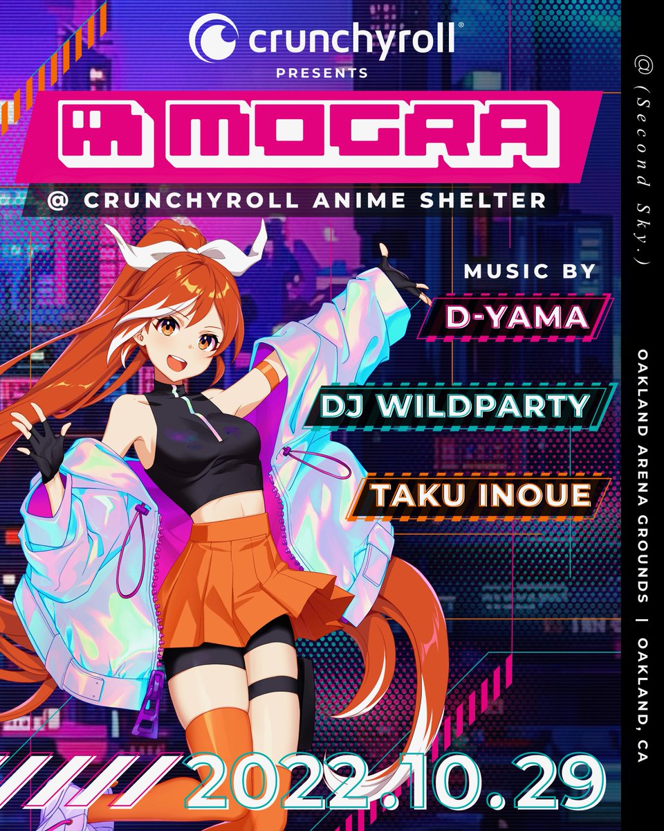 secondskyfest's tweet photo. ANNOUNCEMENT - @Crunchyroll is bringing MOGRA to Second Sky with an immersive anime music experience, featuring the Akihabara-based nightclub’s resident DJs, and a completely new, second stage on the festival grounds 💠 https://t.co/Eb7tTPxT13