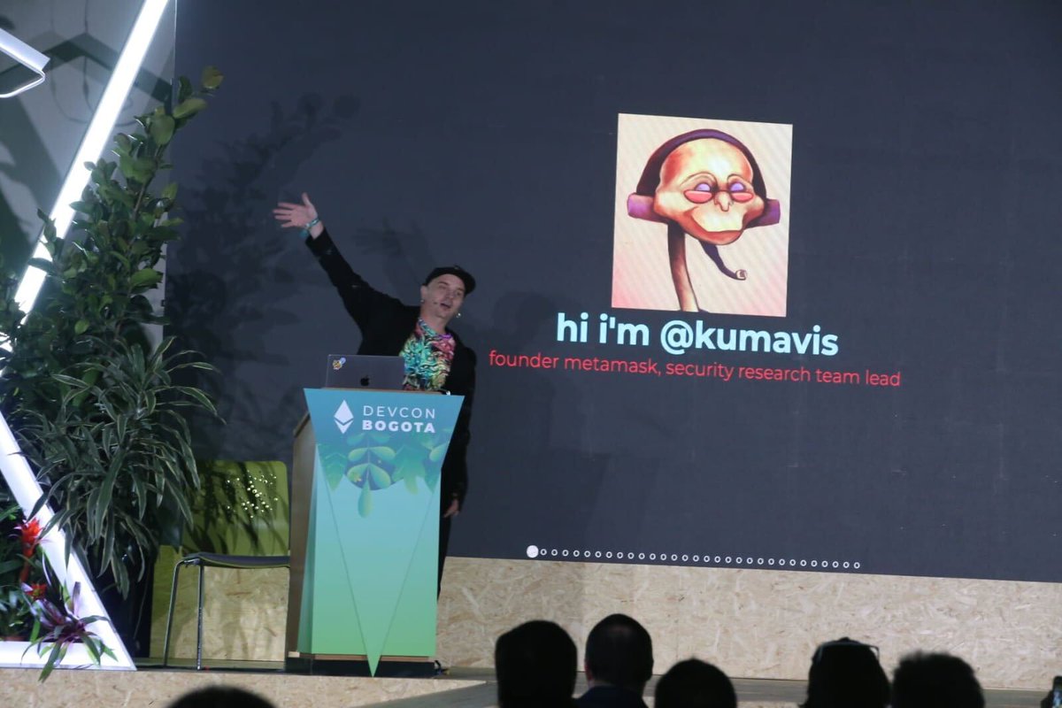 Consensys's tweet photo. Oh hai @kumavis_ 👋 @EFDevcon 🇨🇴

Instead of never using dependencies or auditing all your dependencies always, let’s take a look @MetaMask's LavaMoat’s security kernel that wraps packages in compartments &amp; only gives them access to what they need.🔒↳https://t.co/IxnmpF70uS https://t.co/NlTT47vr7B