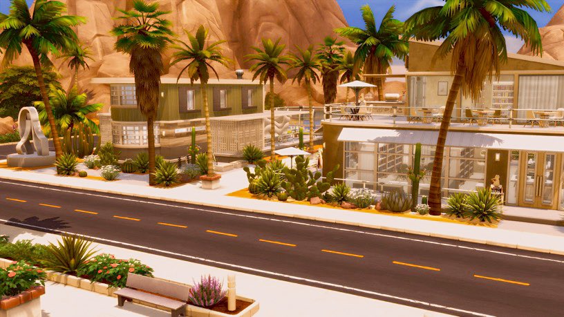 cesarcrx99's tweet photo. My version of Oasis Springs is coming together nicely. The downtown area has been transformed and built filled with fun places to go for your local sims. All lots will be available soon on the gallery. In the future I hope to offer a save file.🌵🏜️@TheSims #ShowUsYourBuilds https://t.co/bo5lc68opn