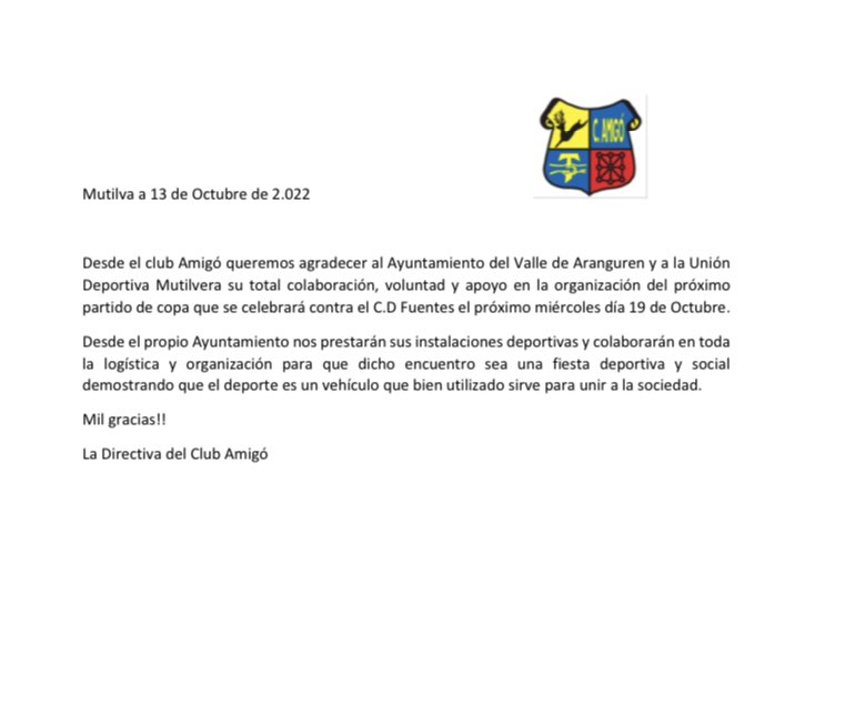cdamigo's tweet photo. 📑 COMUNICADO OFICIAL I La Junta Directiva en nombre de todo el CD Amigó quiere agradecer públicamente al Ayuntamiento del Valle de Aranguren y a la @UD_Mutilvera su total colaboración 

#Lacopamola https://t.co/4T15VzfILF