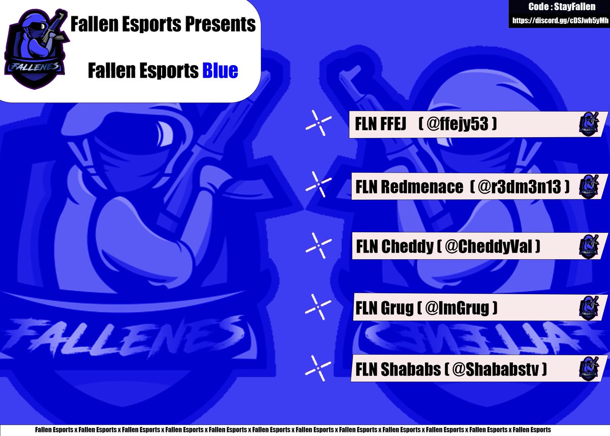 Fallen_ES's tweet photo. 📢 𝗔𝗻𝗻𝗼𝘂𝗻𝗰𝗲𝗺𝗲𝗻𝘁 𝗧𝗶𝗺𝗲 📢
𝗙𝗮𝗹𝗹𝗲𝗻 𝗘𝘀𝗽𝗼𝗿𝘁𝘀 𝗥𝗼𝘀𝘁𝗲𝗿 𝗨𝗽𝗱𝗮𝘁𝗲
@Hitbox_NA @ValorCentral
@ffejy53 @ImGrug @CheddyVal @r3dm3n13 @Shababstv
#StayFallen #FallenFew
(Gfx by @Shoogster2) https://t.co/KlVdm6ePsf