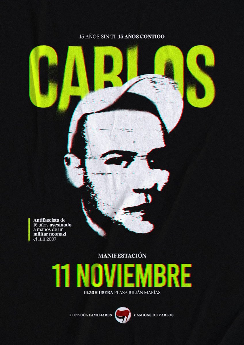 ♦️MANIFESTACIÓN 11 DE NOVIEMBRE ♦️
•15 años sin ti, 15 años contigo•

19.30h, <M> Usera, Plaza Julián Marías

#CarlosVive #15AñosContigo