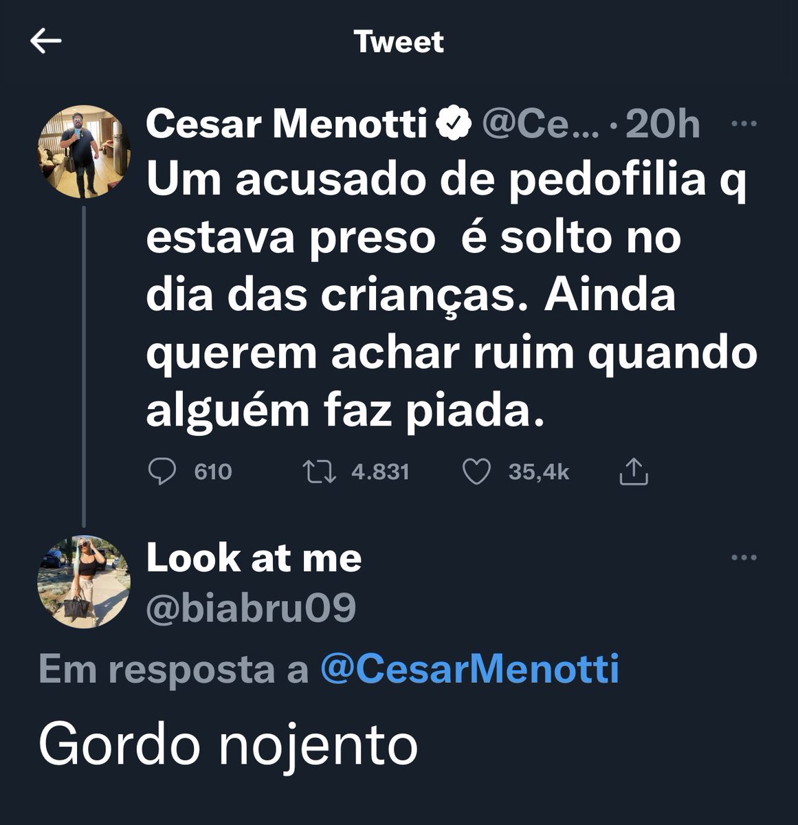 CesarMenotti's tweet photo. Nunca pensei q criticar a soltura de um investigado por pedofilia no dia das crianças causaria tanto incômodo em algumas pessoas. https://t.co/Mim2T1FYRY